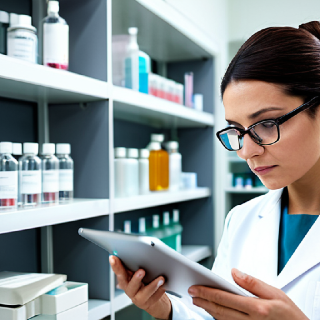 A focused female cosmetic chemist, professionally dressed in a modest lab coat, examining a scientific diagram of skin layers and molecular structures on a clear tablet in a brightly lit, modern laboratory. Shelves with various cosmetic bottles and scientific glassware are visible in the background, out of focus. The scene conveys serious research and education. Fully clothed, appropriate attire, modest clothing, professional dress, safe for work, appropriate content, perfect anatomy, correct proportions, natural pose, well-formed hands, proper finger count, natural body proportions, professional photography, high quality.