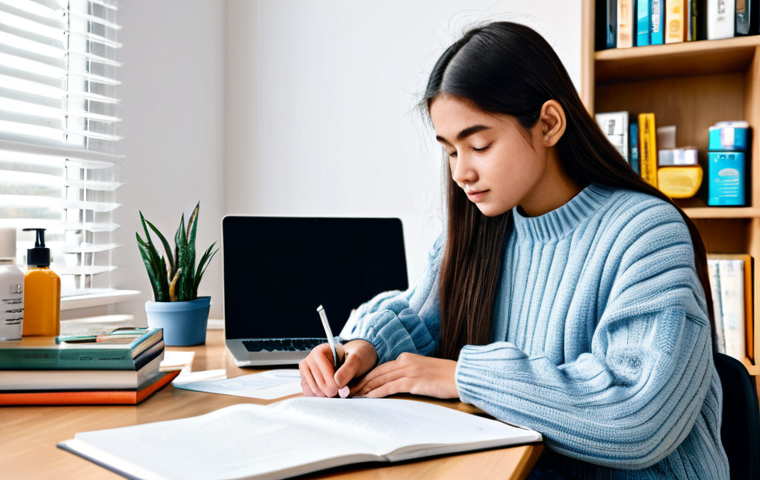 Focused Study Session**
A student sitting at a well-lit desk, surrounded by textbooks and skincare product guides, fully clothed in a modest sweater and jeans, appropriate attire, safe for work. The environment is a tidy home study space with a laptop displaying an INCI ingredient list. Perfect anatomy, correct proportions, well-formed hands, proper finger count, natural body proportions. Professional photography, high quality, family-friendly, emphasizing concentration and learning.
**
