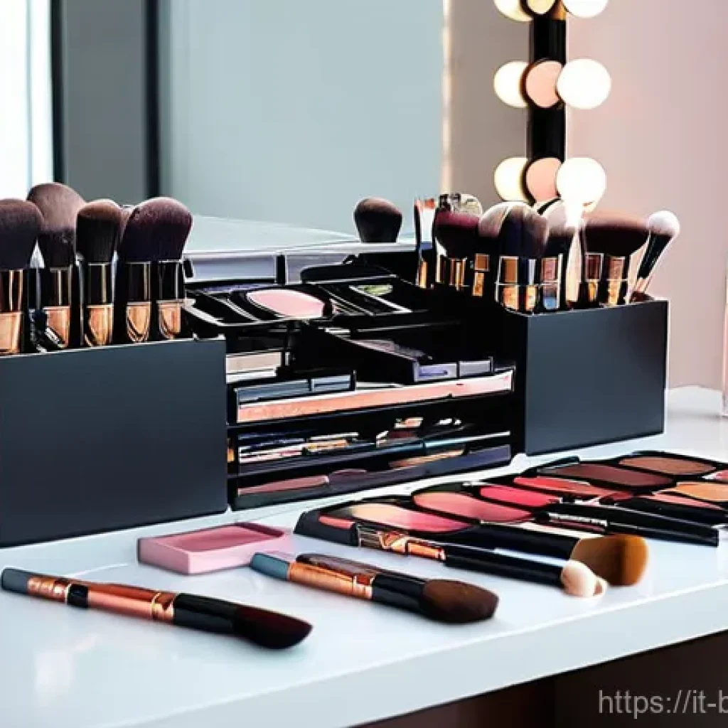 메이크업 자격증 시험 준비 필수 도구 - **Prompt:** A young, professional female makeup artist meticulously organizing her diverse kit. She ...