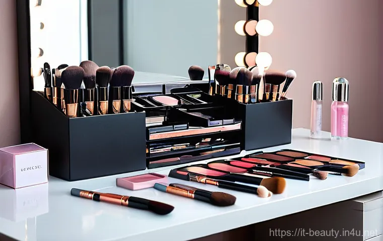 메이크업 자격증 시험 준비 필수 도구 - **Prompt:** A young, professional female makeup artist meticulously organizing her diverse kit. She ...