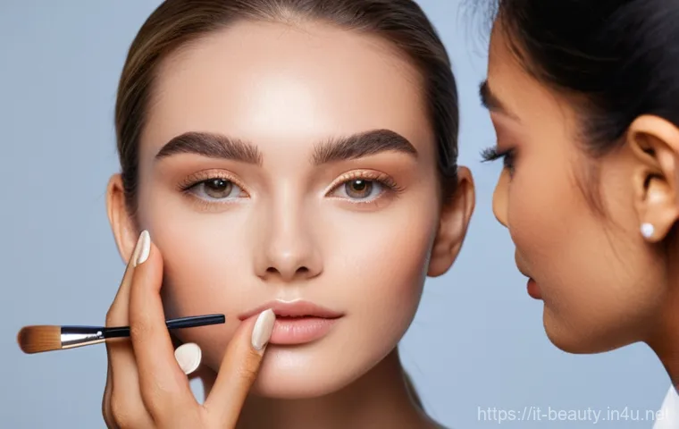메이크업 자격증 시험 준비 필수 도구 - **Prompt:** A young, professional female makeup artist meticulously organizing her diverse kit. She ...