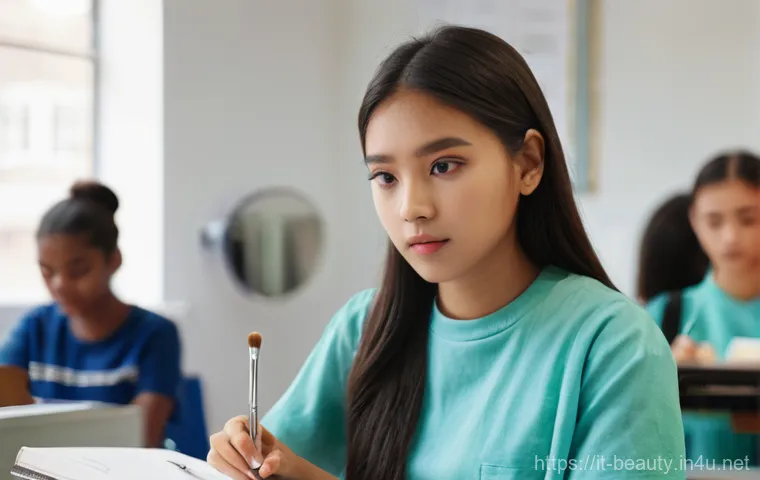 메이크업 강의 준비 방법 - **Prompt 2: Organizing a Makeup Course Kit**
    A person, with neatly manicured hands, is in the pr...