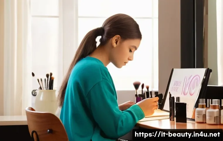 메이크업 시험 응시생 후기 모음 - **Prompt 1: Focused Pre-Exam Preparation**
    "A young, determined female makeup artist in her late...