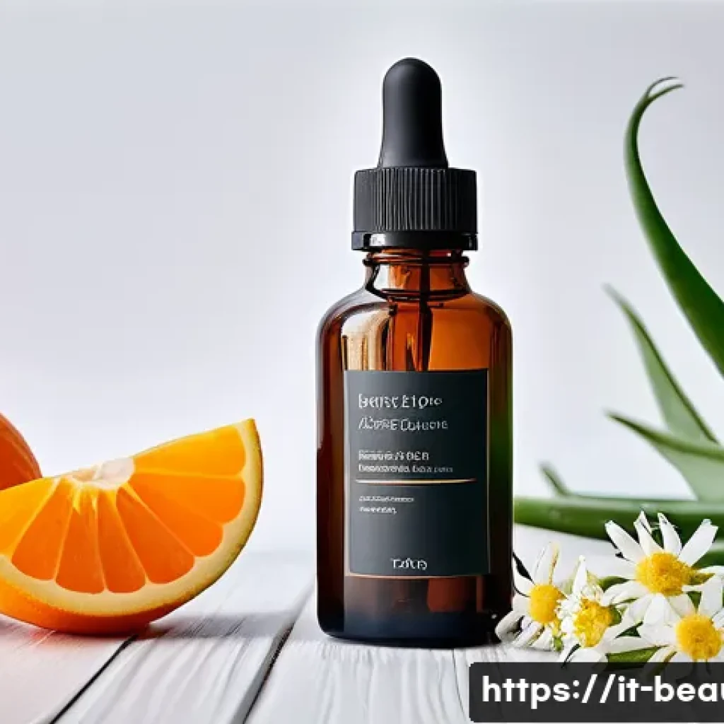 피부 미용 재료 선택과 관리 - A serene skincare flat lay featuring natural ingredients for radiant skin: a dark glass bottle of ro...