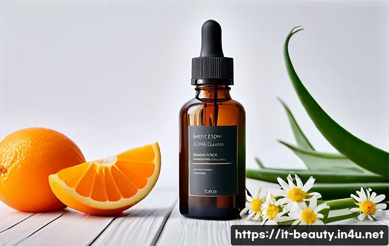 피부 미용 재료 선택과 관리 - A serene skincare flat lay featuring natural ingredients for radiant skin: a dark glass bottle of ro...