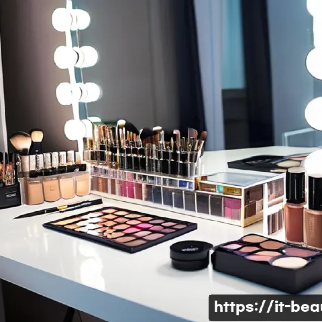 메이크업 컨테스트 준비 과정 - A professional makeup artist&rsquo;s organized workstation for a competition preparation: clear transparen...