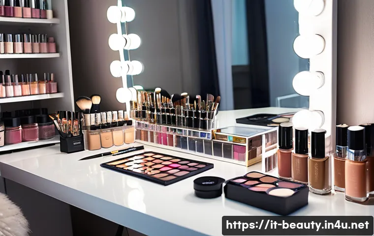 메이크업 컨테스트 준비 과정 - A professional makeup artist’s organized workstation for a competition preparation: clear transparen...
