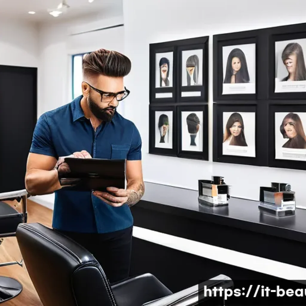 미용사 이직 준비 체크리스트 - A professional hairstylist&rsquo;s portfolio presentation scene set in a modern Italian salon, featuring h...