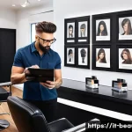 미용사 이직 준비 체크리스트 - A professional hairstylist&rsquo;s portfolio presentation scene set in a modern Italian salon, featuring h...