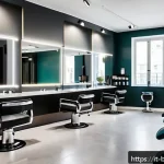 미용사로서 자기 개발 방법 - A modern hair salon interior in Milan, Italy, showcasing a professional hairstylist creating a uniqu...