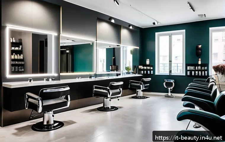 미용사로서 자기 개발 방법 - A modern hair salon interior in Milan, Italy, showcasing a professional hairstylist creating a uniqu...