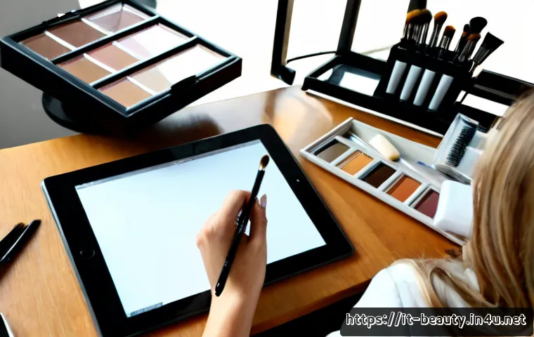 메이크업 실무 강의 교안 작성법 - Photorealistic overhead view of an Italian beauty educator designing a practical makeup lesson plan ...